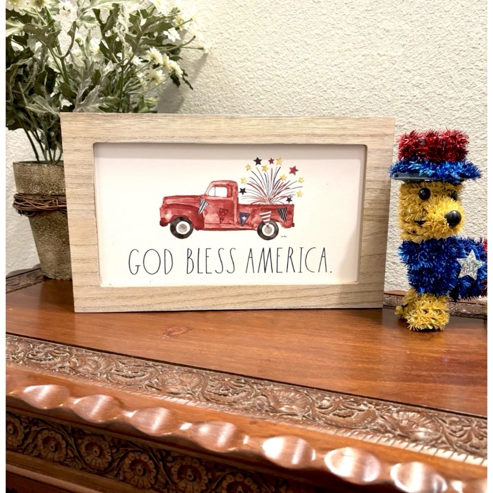 RAE DUNN 250TH ANNIVERSARY WOOD SIGN *GOD BLESS AMERICA 🇺🇸 RED TRUCK FIREWORKS